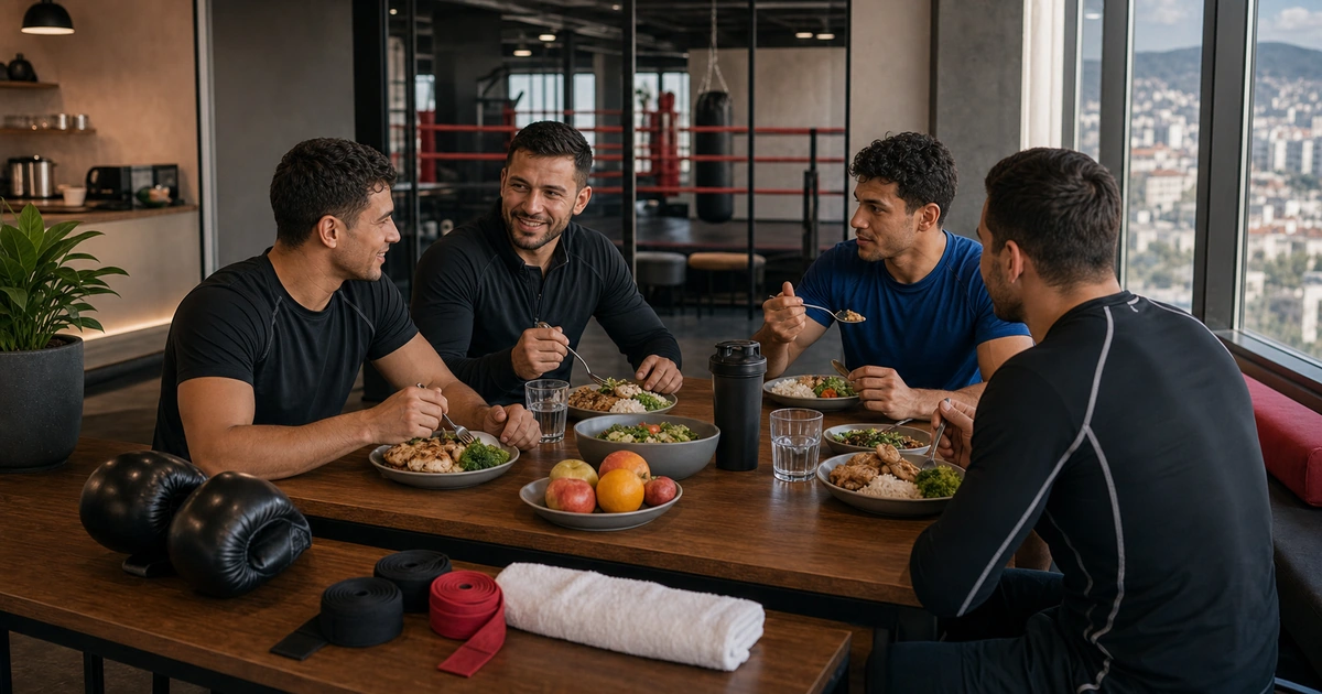 cinematic boxing camp scene in Georgia showing shared room vs private room