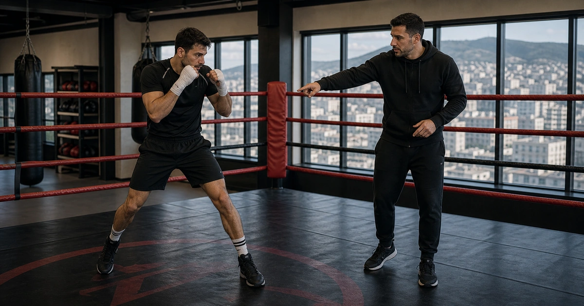 cinematic boxing camp scene in Georgia showing stance, balance, and range control