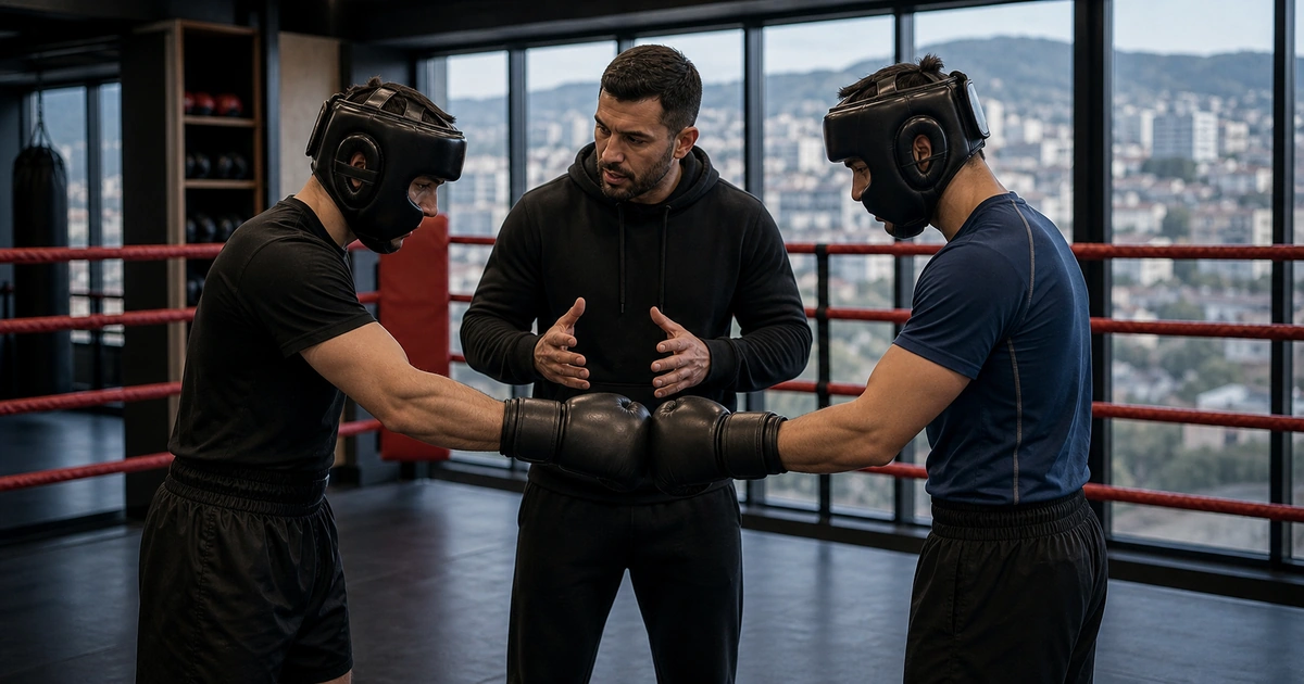 cinematic boxing camp scene in Georgia showing level matching and coach supervision